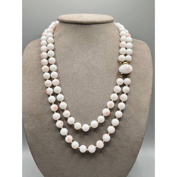 Signed TRIFARI Faux Angel Skin Coral Necklace Glass Beads Hand Knotted Strand - Picture 6 of 13